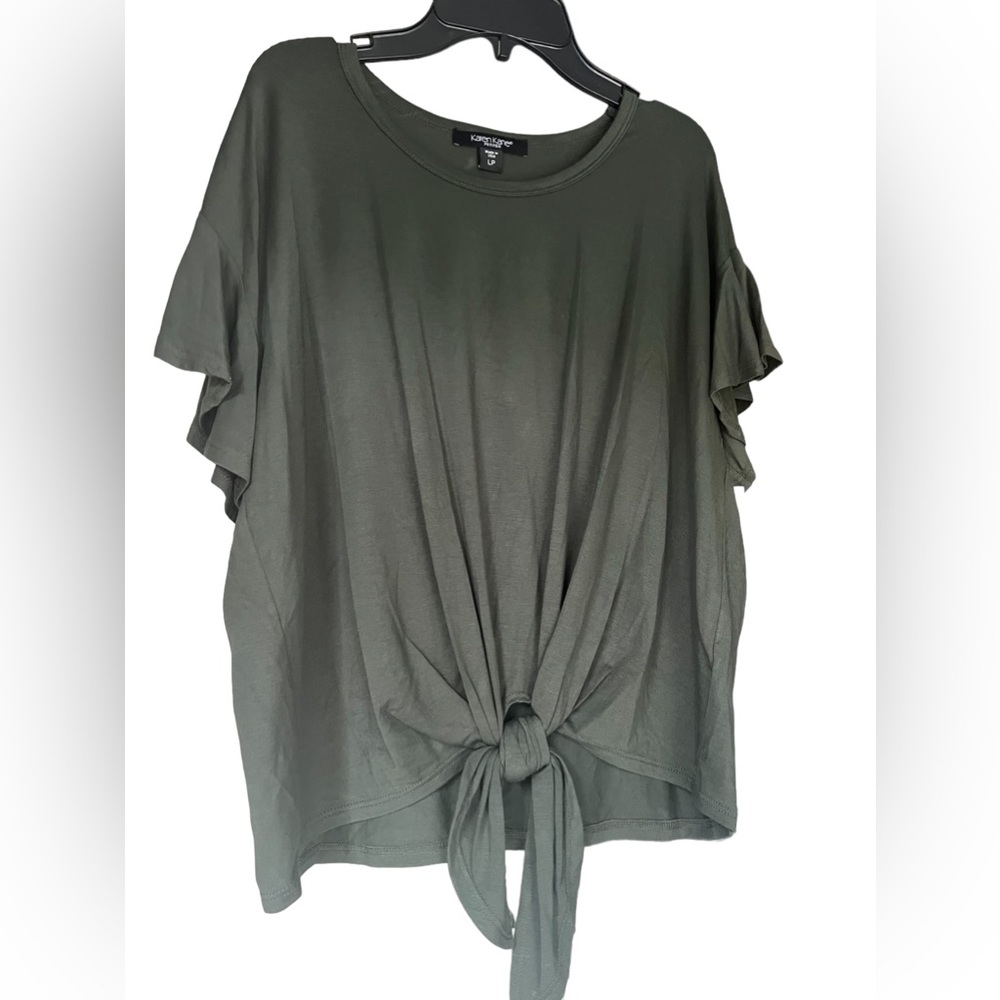 Karen Kane Olive Green Casablanca Ruffle Sleeve Front tie Top.